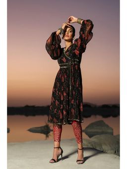 PALLAVI JAIPUR - Black Chiffon V-Neck Printed Angrakha Kurta With Legging