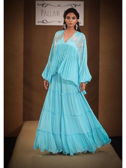 PALLAVI JAIPUR - Turquoise Crepe V-Neck Embellished/Sequined Tunic With Sharara