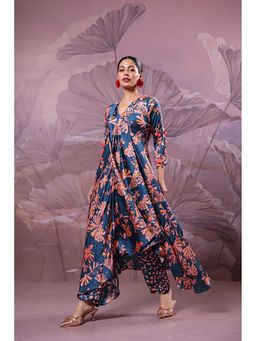 PALLAVI JAIPUR - Navy Blue Silk Blend V-Neck Printed Kurta With Pant