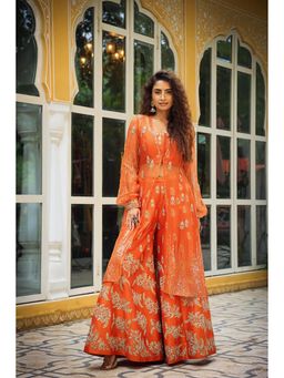 PALLAVI JAIPUR - Orange Gota Crop Top With Sharara With Jacket