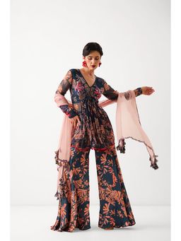 PALLAVI JAIPUR - Navy Blue V-Neck Embroidered Kurta With Palazzo And Dupatta