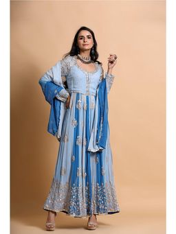 PALLAVI JAIPUR - Blue Anarkali Kurta With Pant And Dupatta