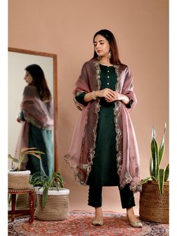 Omana by Ranjana Bothra - Green Solid/Plain Kurta With Pant And Dupatta