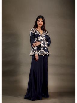 Omana by Ranjana Bothra - Navy Blue Floral V-Neck Kurta With Palazzo