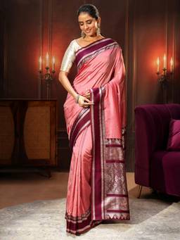 Libas - Coral Pink Kanjeevaram Silk Blend Saree