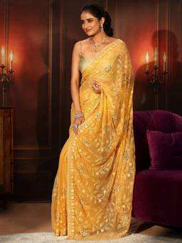 Libas - Sunshine Yellow Floral Embroidered Chiffon Saree