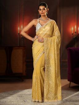 Libas Art - Sunshine Yellow Floral Embroidered Chiffon Saree