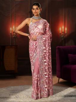 Libas Art - Blush Pink Floral Embroidered Net Saree