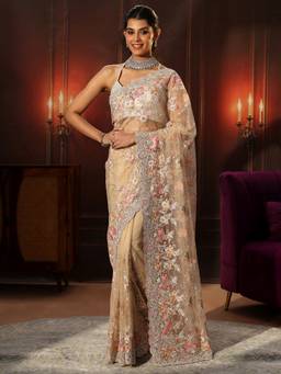 Libas Art - Beige Floral Embroidered Net Saree