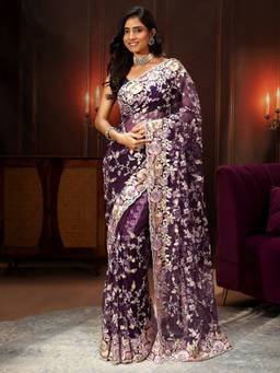 Libas Art - Purple Floral Thread Work Embellished Saree