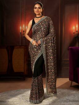 Libas Art - Black Floral Embellished Georgette Saree