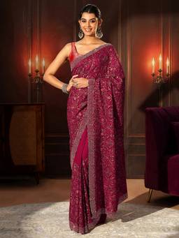 Libas Art - Magenta Pink Floral Embellished Georgette Saree
