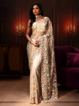 Libas Art - Cream Floral Embellished Net Saree