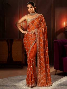 Libas Art - Rust Embellished Tissue Saree