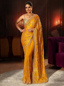 Libas Art - Mustard Embellished Tissue Saree
