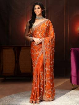 Libas Art - Orange Embellished Tissue Saree