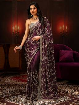 Libas Art - Burgundy Embellished Tissue Saree
