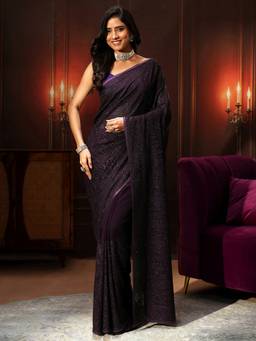 Libas Art - Aubergine Purple Paisley Embellished Georgette Saree