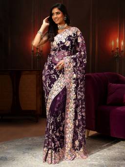 Libas Art - Plum Purple Floral Embellished Net Saree