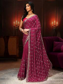 Libas Art - Raspberry Pink Embellished Tissue Saree
