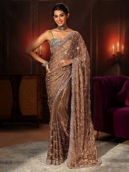 Libas Art - Brown Embellished Tissue Saree