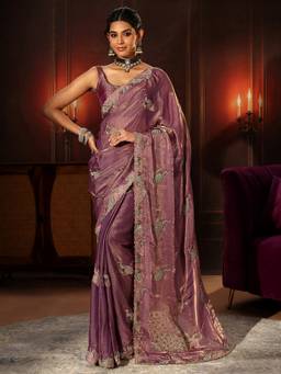 Libas - Mauve Peacock Embellished Tissue Saree