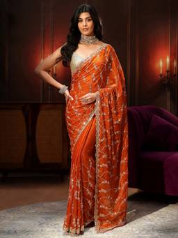 Libas Art - Orange Embellished Tissue Saree