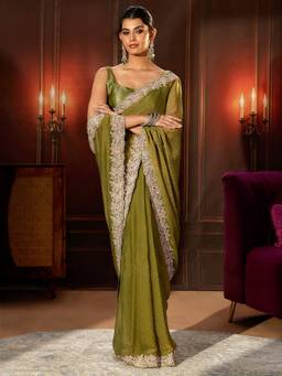 Libas - Olive Green Embellished Tissue Saree