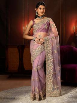 Libas - Mauve Floral Embroidered Net Saree