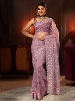 Libas - Lavender Floral Embroidered Net Saree