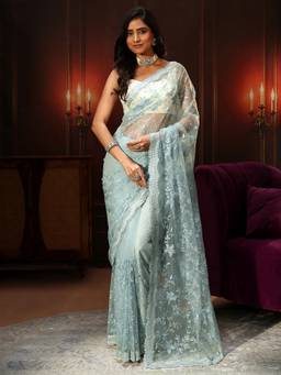 Libas - Periwinkle Blue Floral Embroidered Net Saree