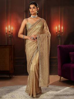 Libas - Beige Embellished Jaal Work Net Saree