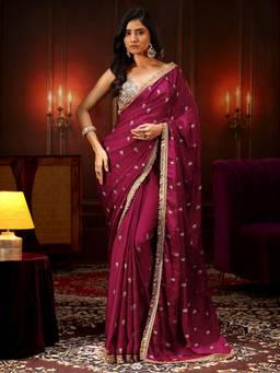 Libas - Wine Embellished Satin Saree