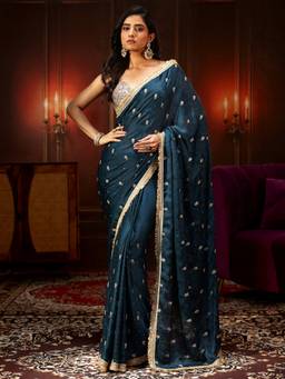 Libas - Midnight Blue Embellished Satin Saree