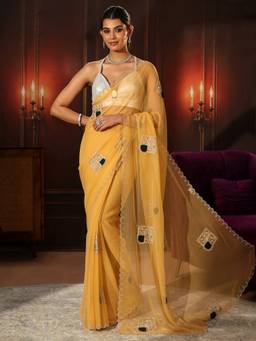 Libas - Saffron Yellow Chiffon Saree