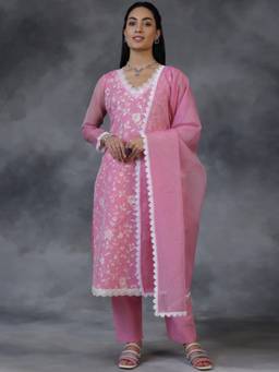 Libas - Pink Embroidered Lining Detail Kurta With Pant & Dupatta