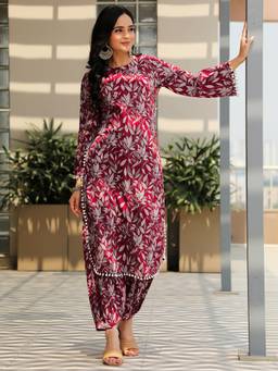 Libas - Rust Floral Printed Pathani Kurta With Salwar