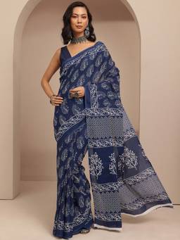 Libas - Blue Floral Motif Printed Saree