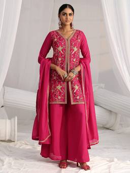 Libas - Rani Pink Embroidered Front Slit Chinon Kurti With Palazzo & Dupatta