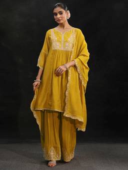Libas - Mustard Floral Yoke Chanderi Cotton Kurta With Sharara & Dupatta