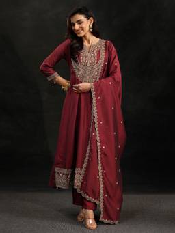 Libas - Maroon Embellished Yoke Design Silk Blend Anarkali Kurta With Pant & Dupatta