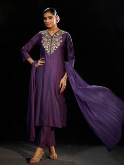 Libas - Purple Floral Embroidered Yoke Design Silk Blend Straight Kurta With Pant & Dupatta