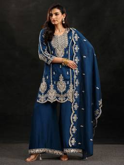 Libas - Peacock Blue Embellished Chinon Short Kurti With Palazzo & Dupatta