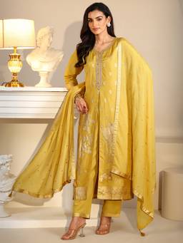 Libas - Yellow Woven Design Front Slit Silk Blend Straight Kurta With Pant & Dupatta