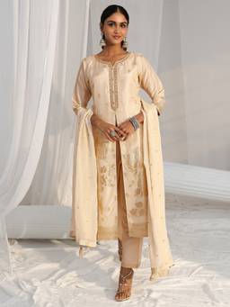 Libas - Cream Woven Design Front Slit Silk Blend Straight Kurta With Pant & Dupatta