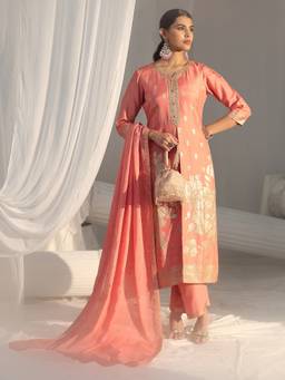 Libas - Peach Pink Woven Design Front Slit Silk Blend Straight Kurta With Pant & Dupatta