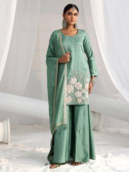 Libas - Dusty Sea Green Floral Embellished Silk Blend Kurti With Palazzo & Dupatta