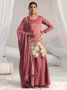 Libas - Mauve Floral Embellished Silk Blend Kurti With Palazzo & Dupatta