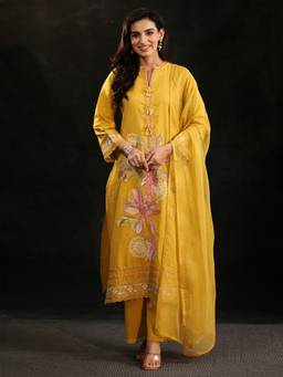 Libas - Mustard Floral Embroidered Cotton Straight Kurta With Palazzo & Dupatta