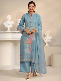 Libas - Cornflower Blue Floral Embroidered Cotton Straight Kurta With Palazzo & Dupatta